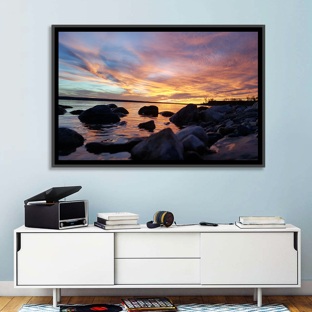 Lake Sakakawea Sunset Wall Art in a room, landscape