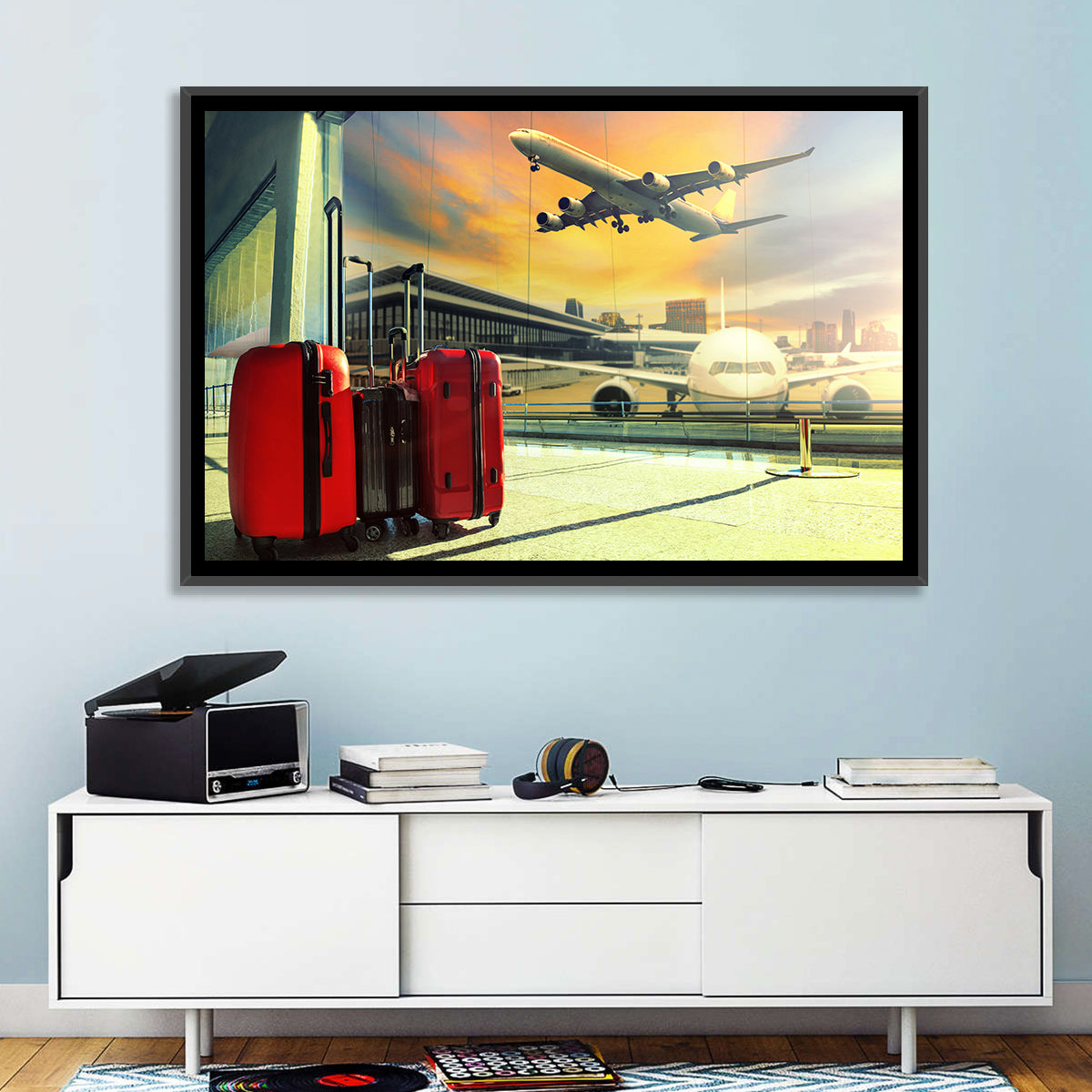 Suitcases at the Airport Window Wall Art in a room, landscape