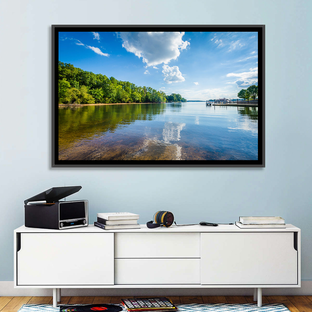 Lake Norman Dockside Reflection Wall Art in a room, landscape