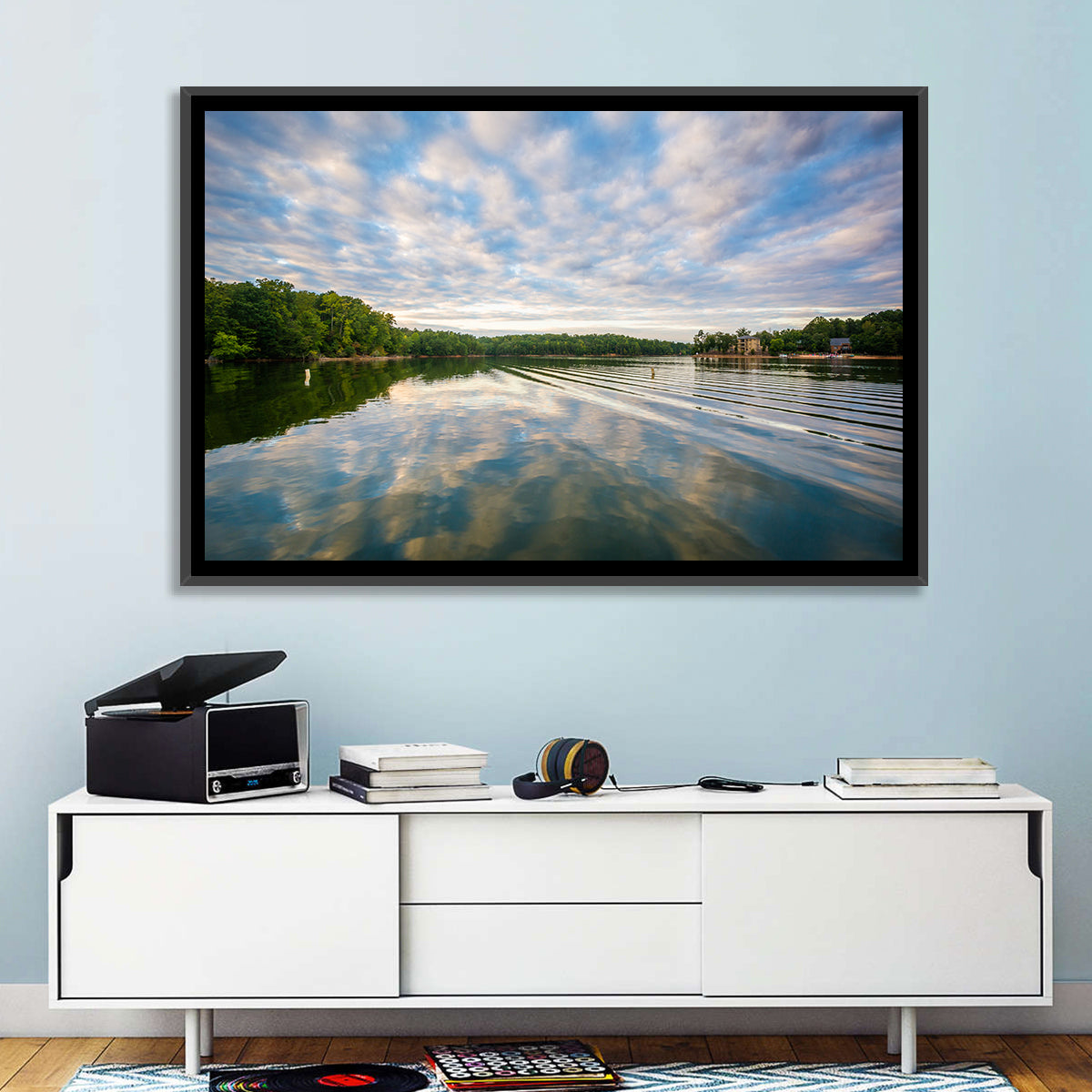 Cloudy Lake Norman Landscape Wall Art in a room, landscape