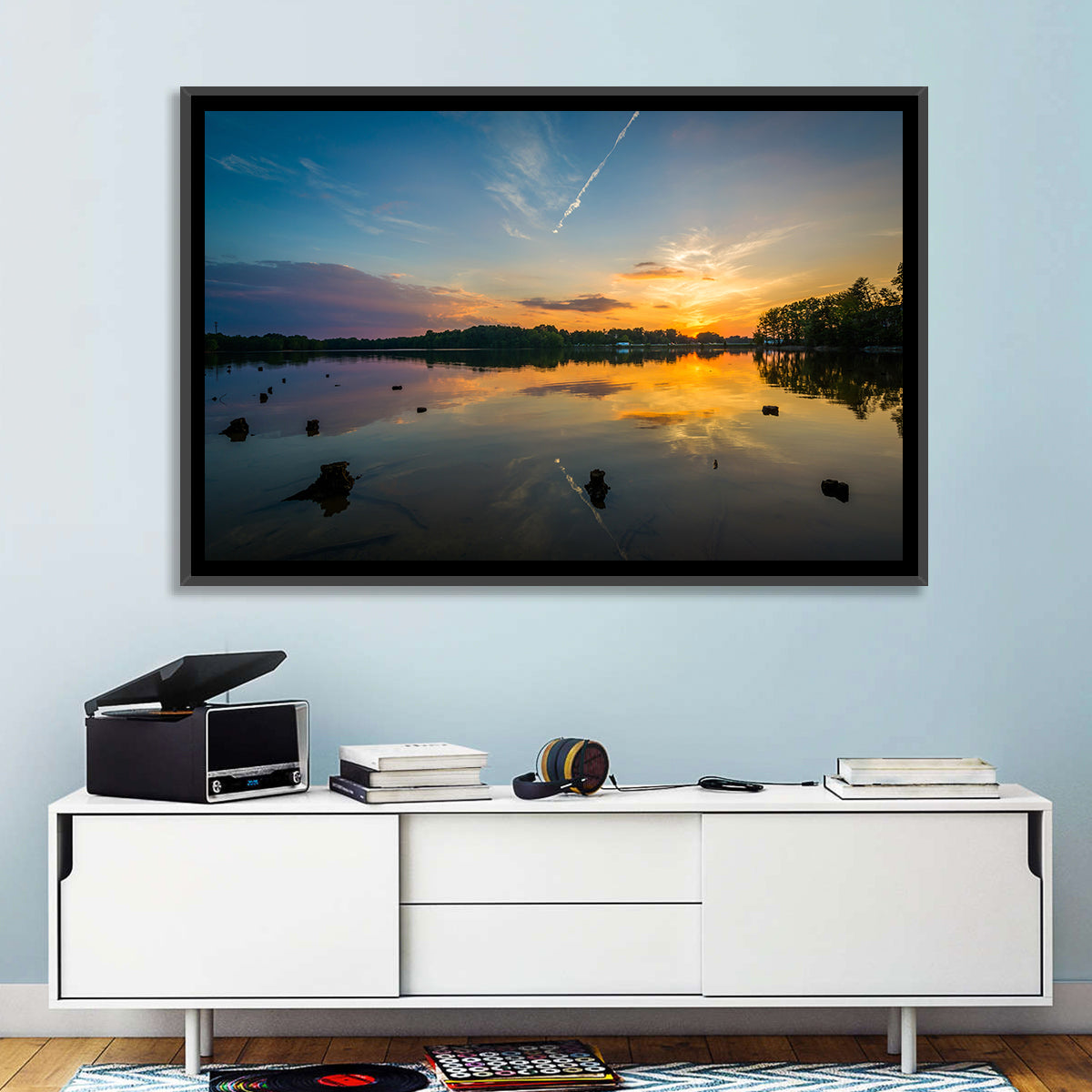 Lake Norman Sunset Reflection Wall Art in a room, landscape
