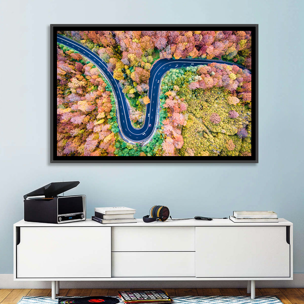 Winding Forest Road Wall Art in a room, landscape