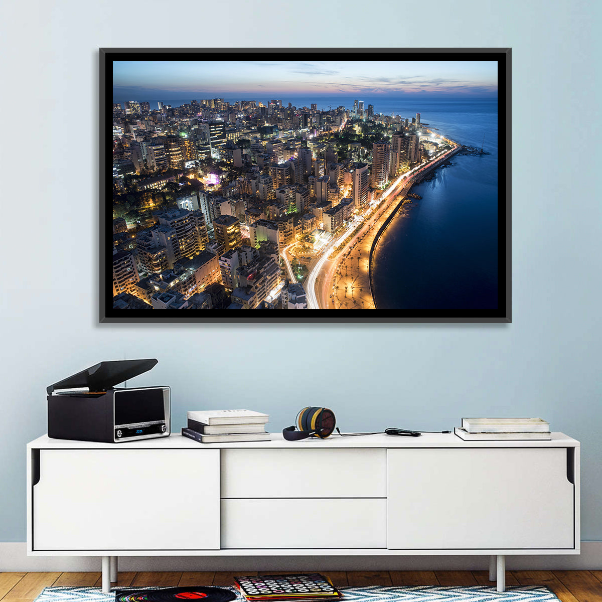 Beirut Corniche at Dusk Wall Art in a room, landscape