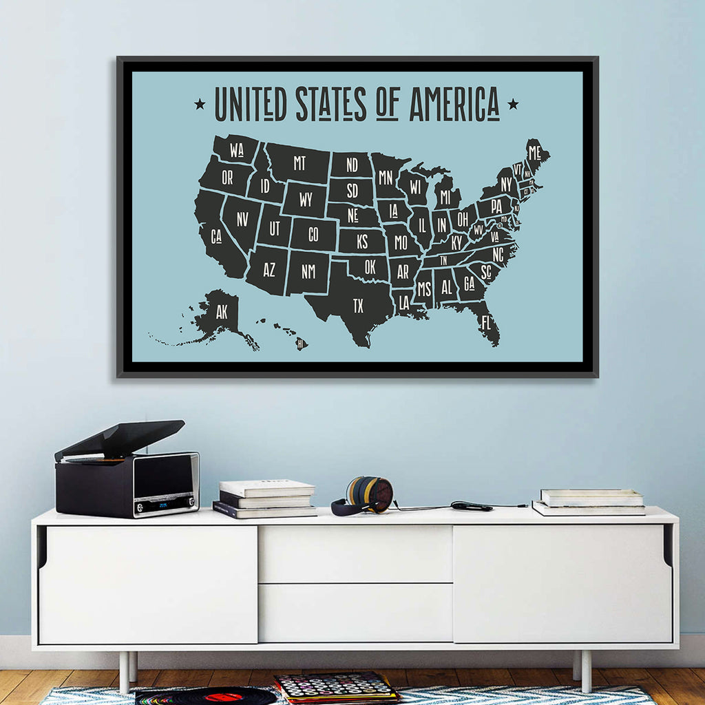 Minimalist USA Map with State Abbreviations Wall Art
