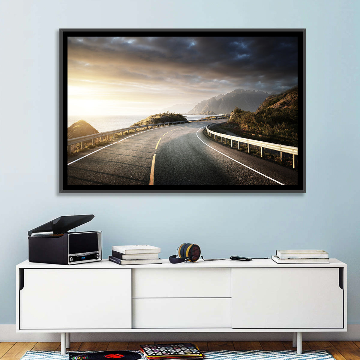 Golden Sunrise Coastal Road Wall Art in a room, landscape