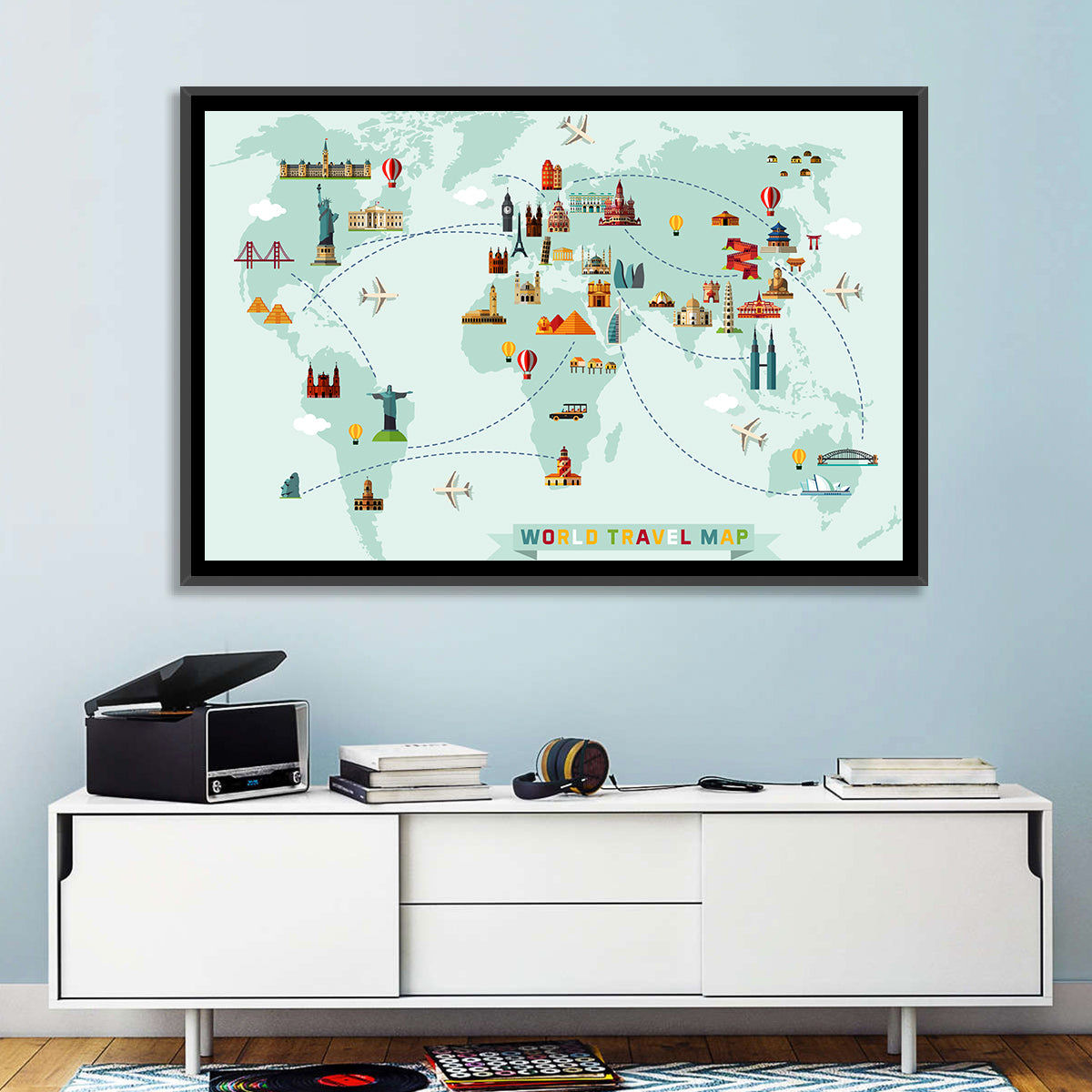 World Travel Map Illustration Wall Art in a room, landscape