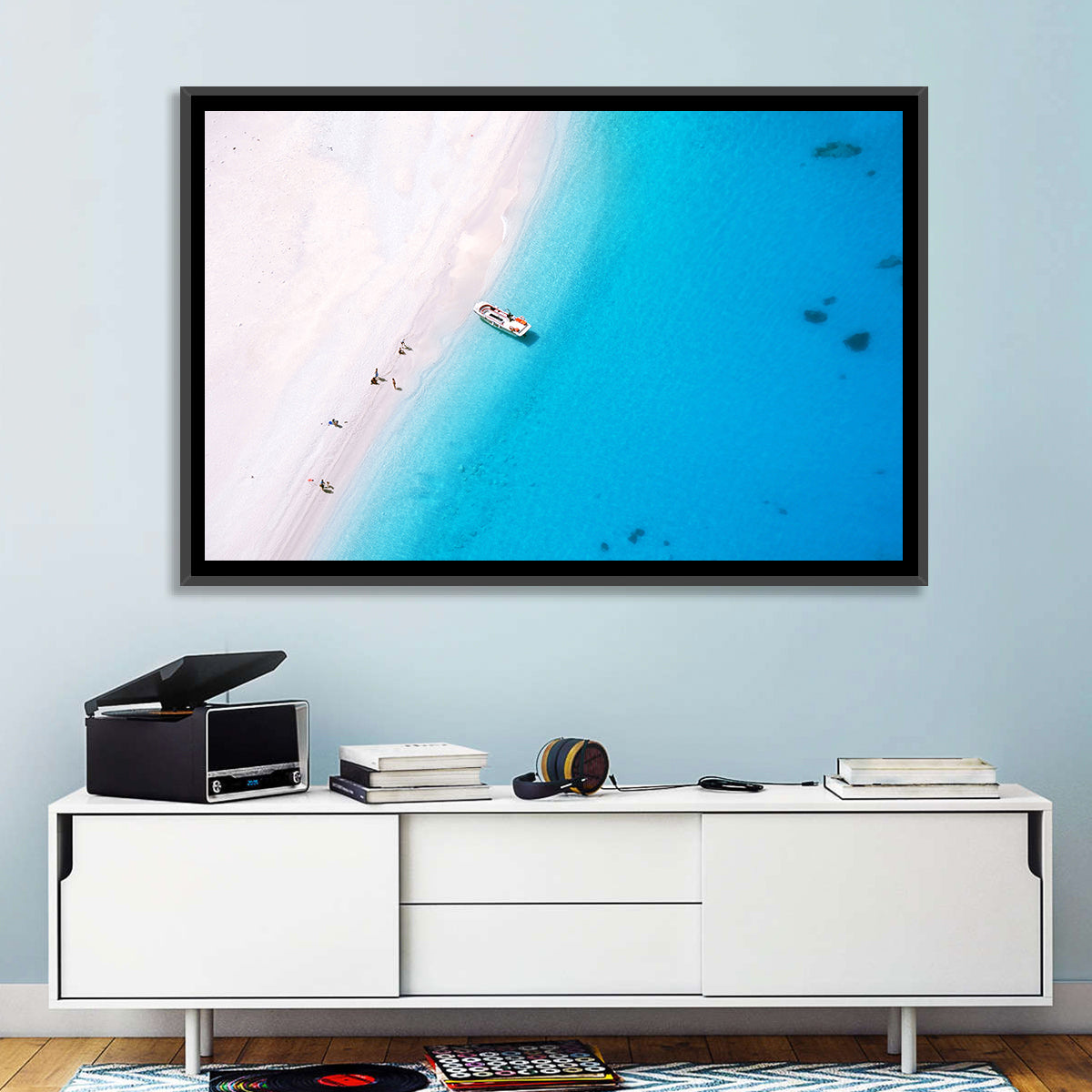Aerial Beach Bay with White Boat Wall Art in a room, landscape