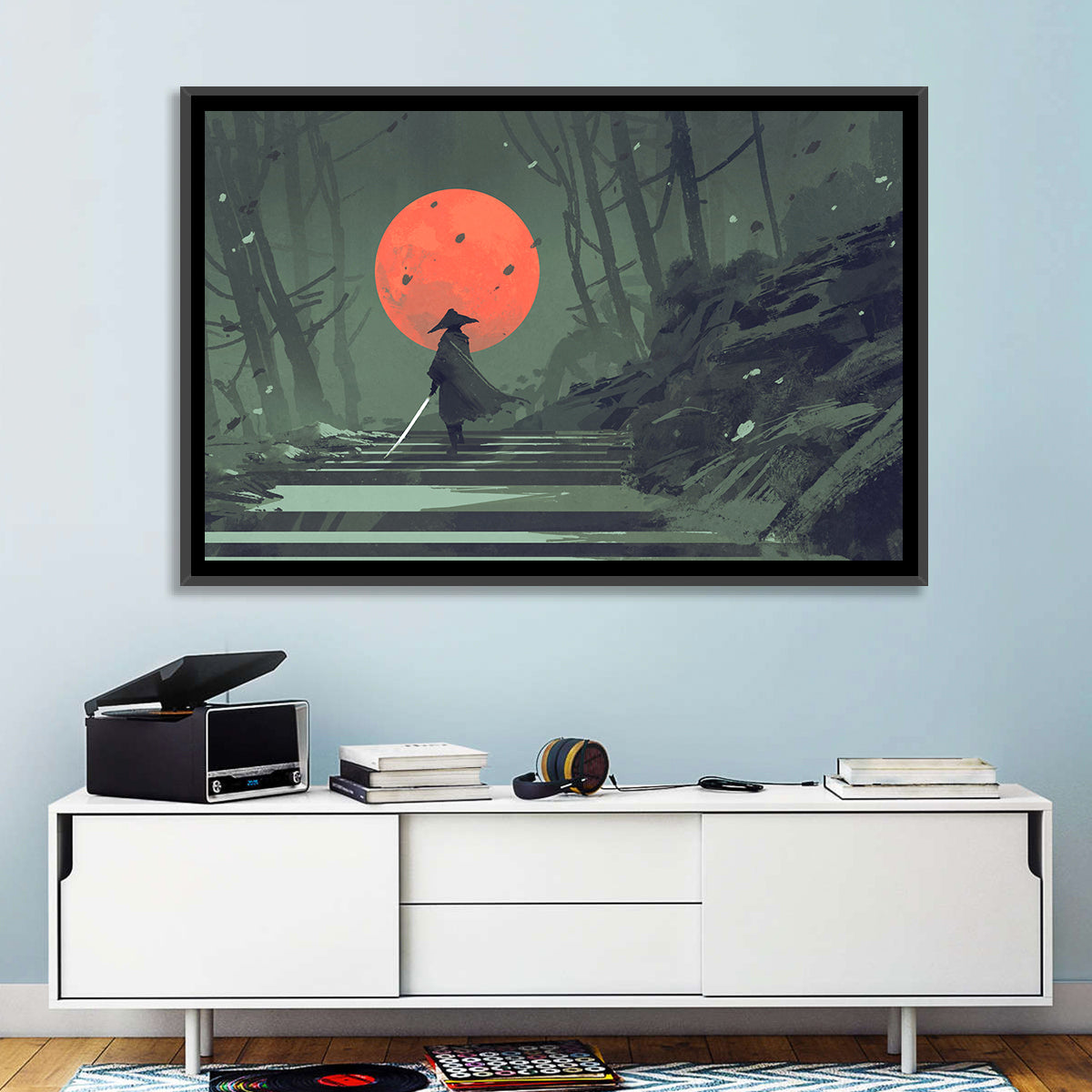 Samurai Under Red Moon Wall Art in a room, landscape