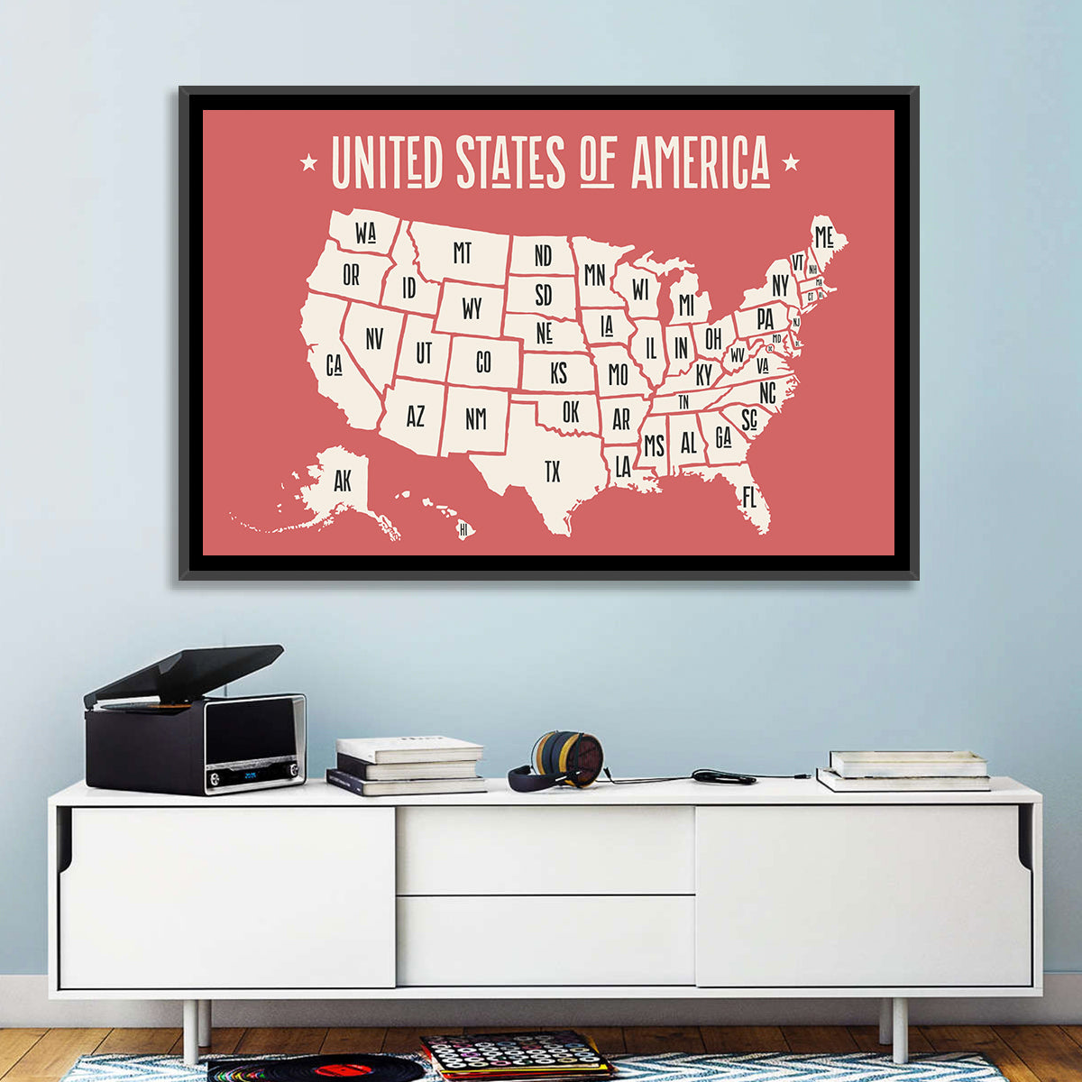 United States Map with State Abbreviations Wall Art in a room, landscape