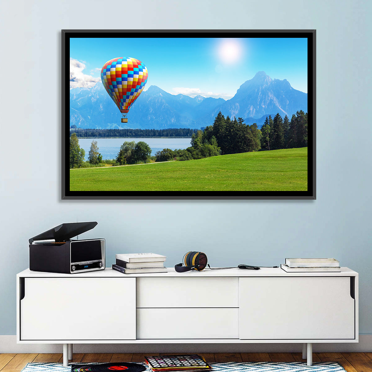 Bavarian Lake with Hot Air Balloon Wall Art in a room, landscape