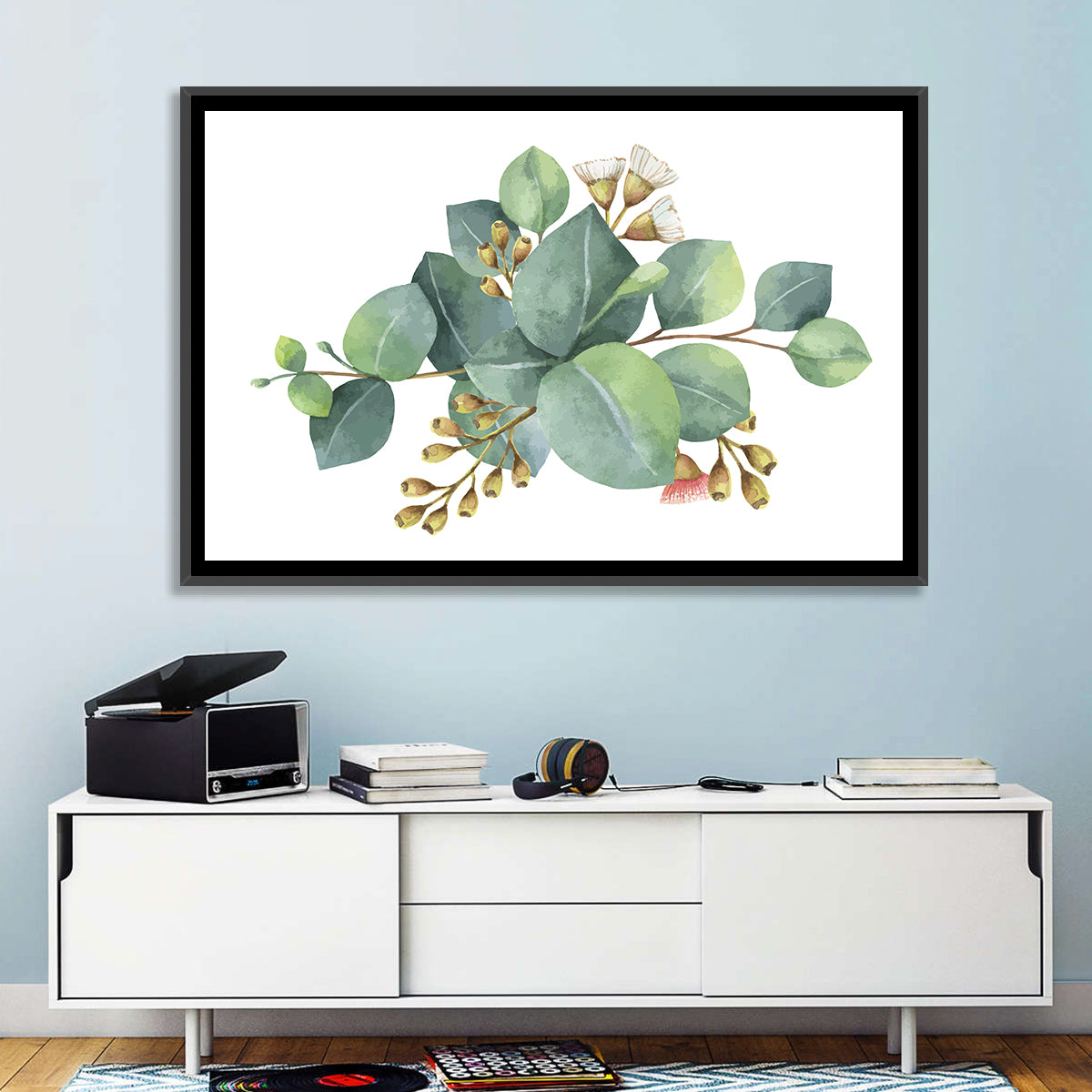Eucalyptus Leaves with Pink Blossom Wall Art in a room, landscape