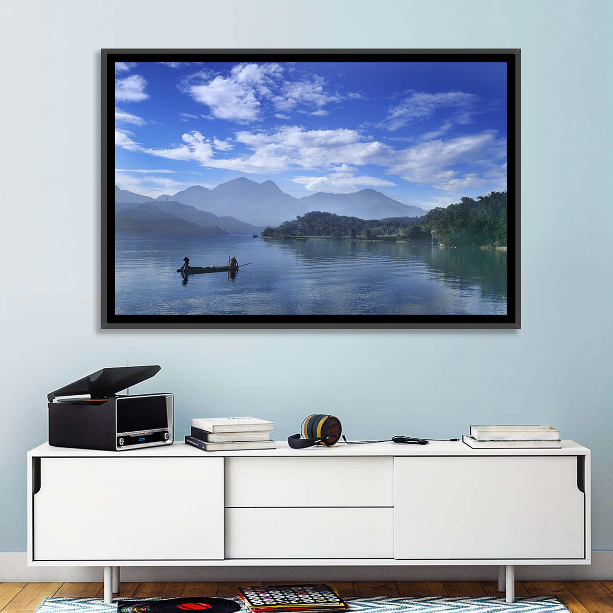 Sun Moon Lake Morning Mist Wall Art in a room, landscape