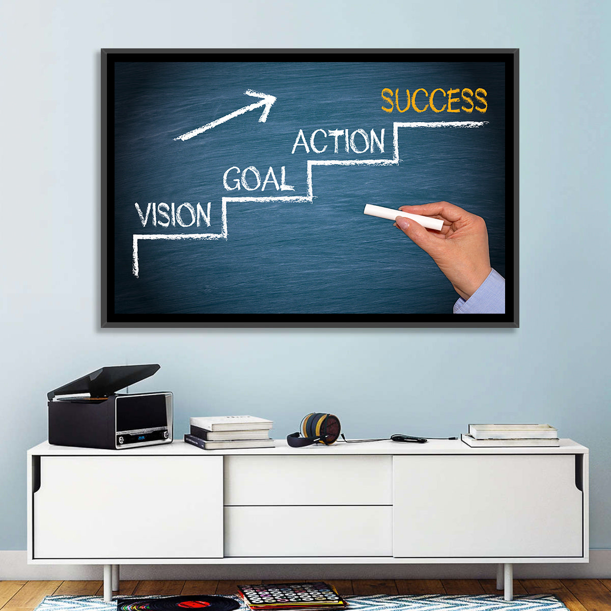 Vision Goal Action Success Chalk Diagram Wall Art in a room, landscape