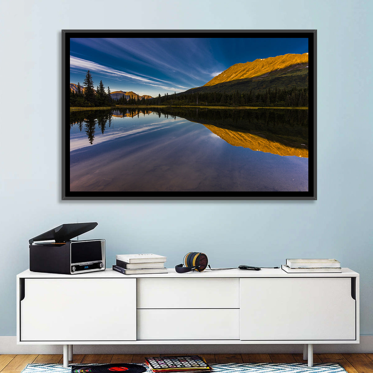 Rainbow Lake at Golden Hour Wall Art in a room, landscape