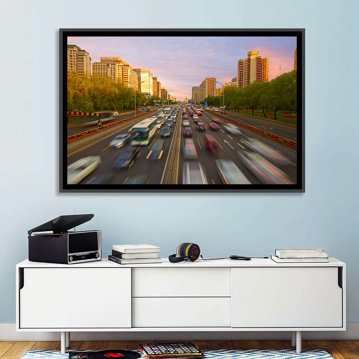 Beijing Sunset Traffic Streaks Wall Art in a room, landscape