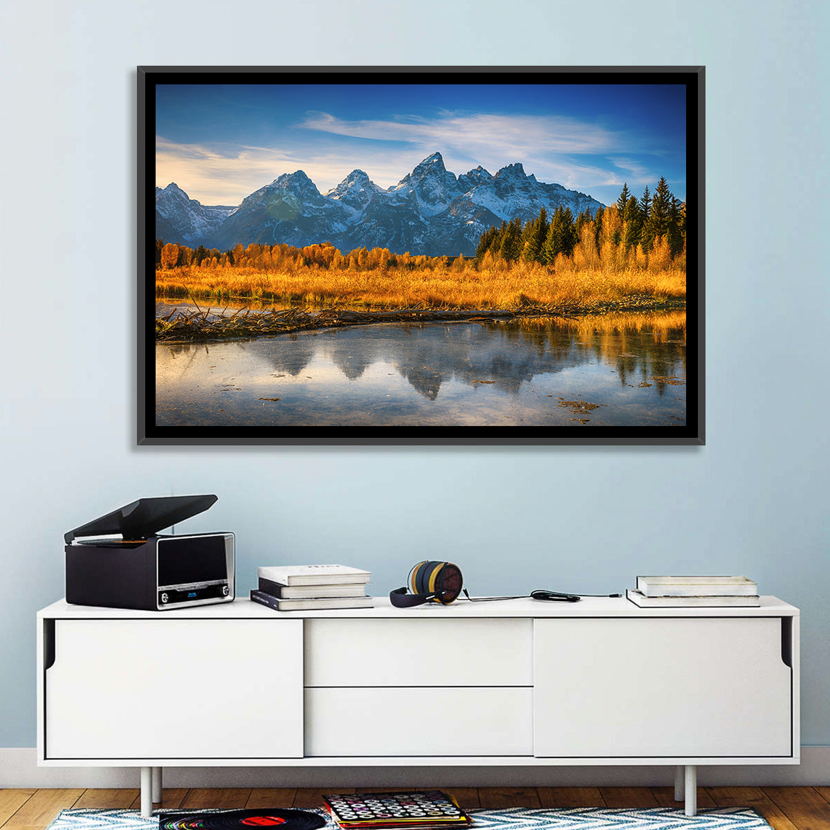 Grand Tetons Golden Reflection Wall Art in a room, landscape
