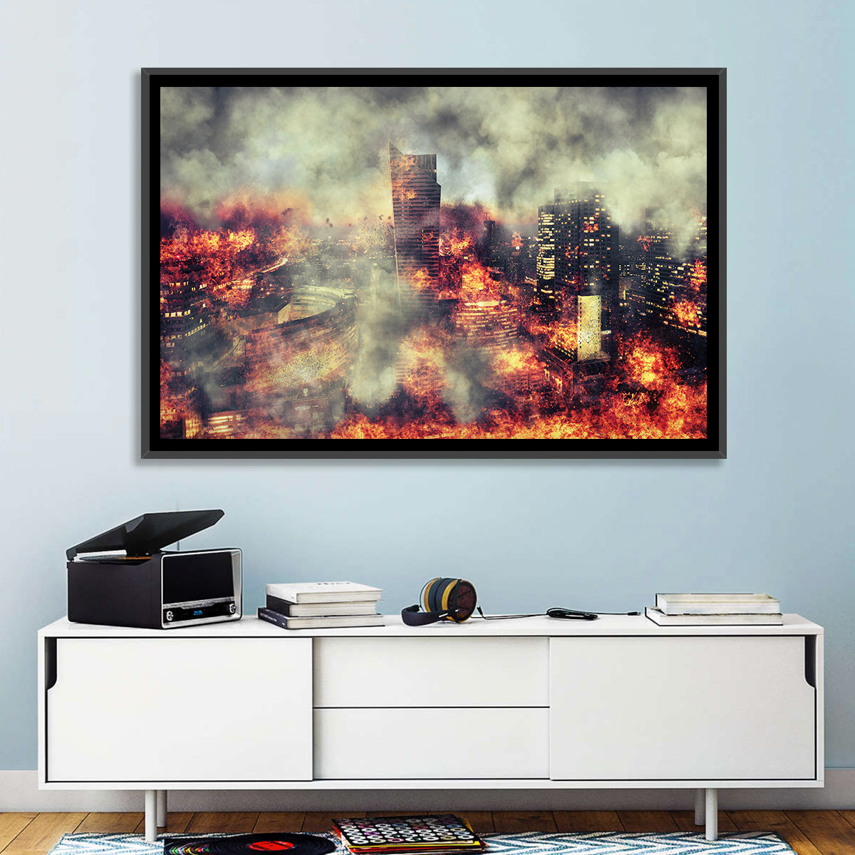 Warsaw Spire Burning City Abstract Wall Art in a room, landscape