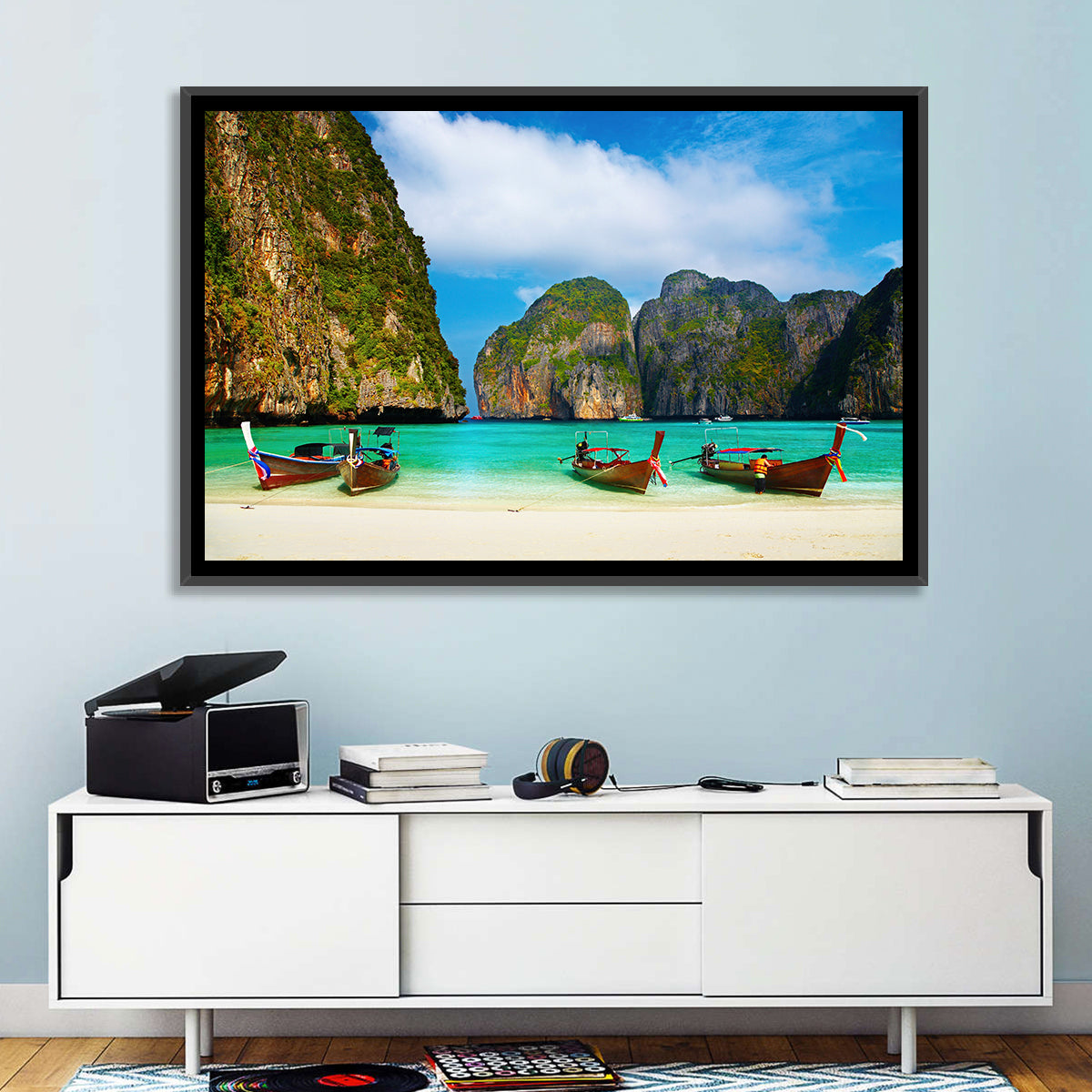 Maya Bay Long-tail Boats Wall Art in a room, landscape