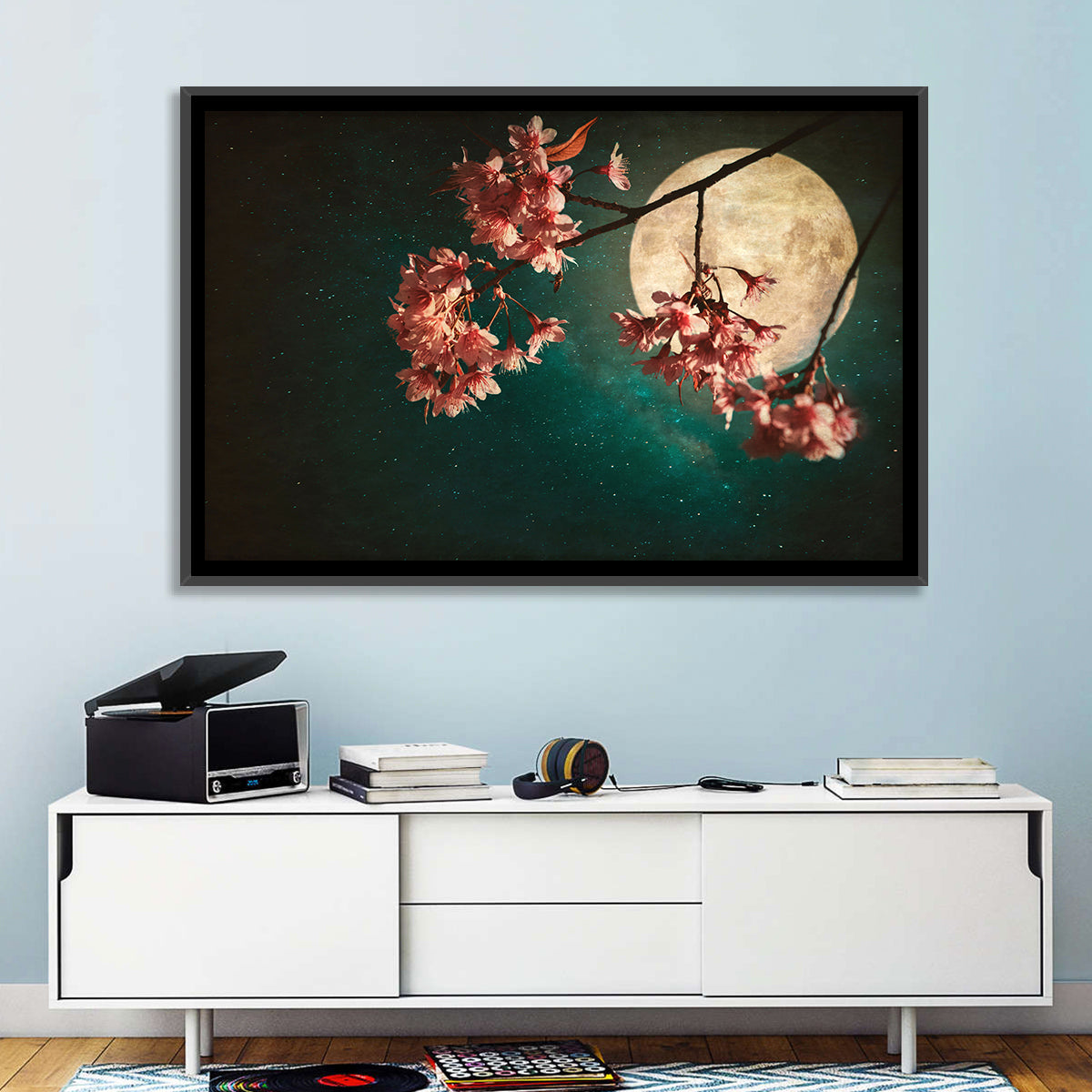 Moonlit Sakura Blossoms Wall Art in a room, landscape