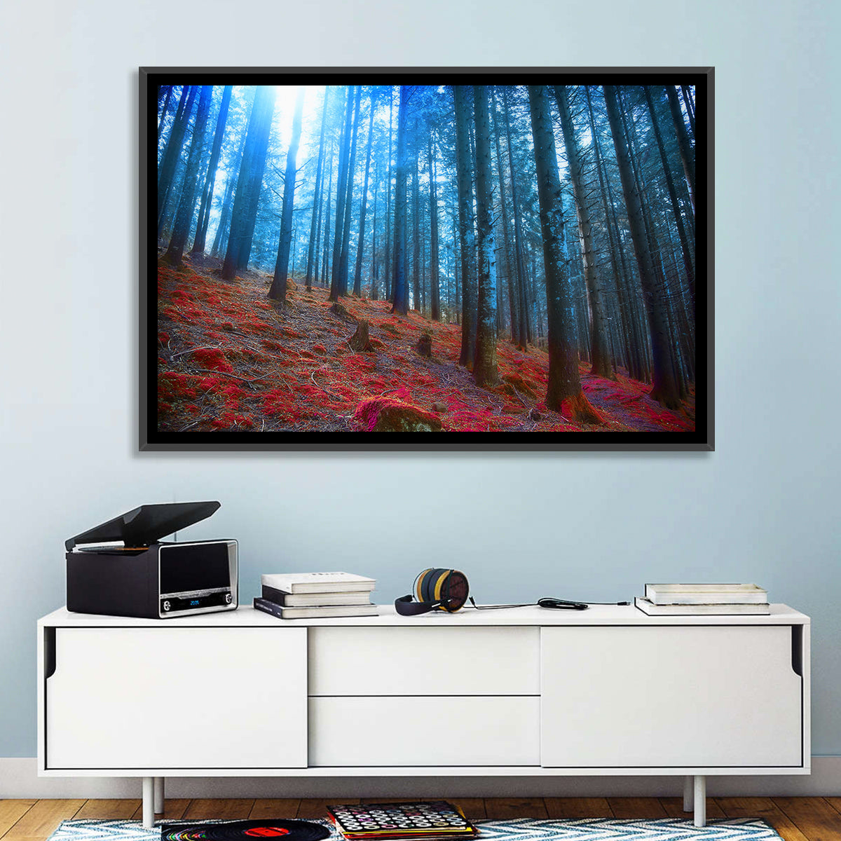 Enchanted Red Moss Forest Wall Art in a room, landscape