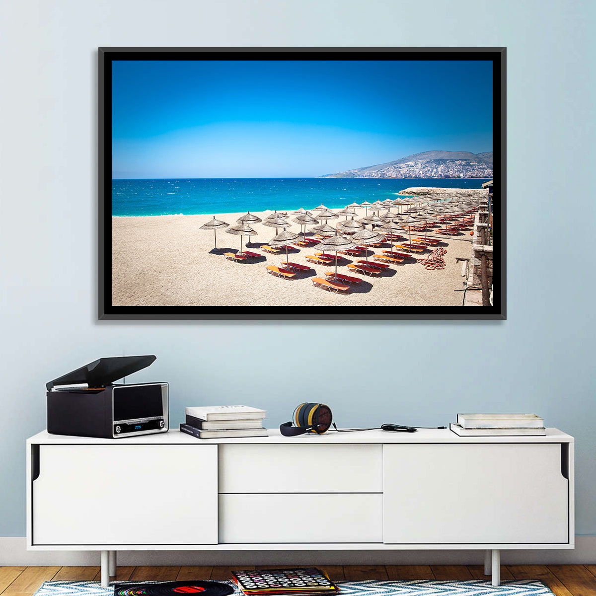 Mango Beach Umbrellas Wall Art in a room, landscape