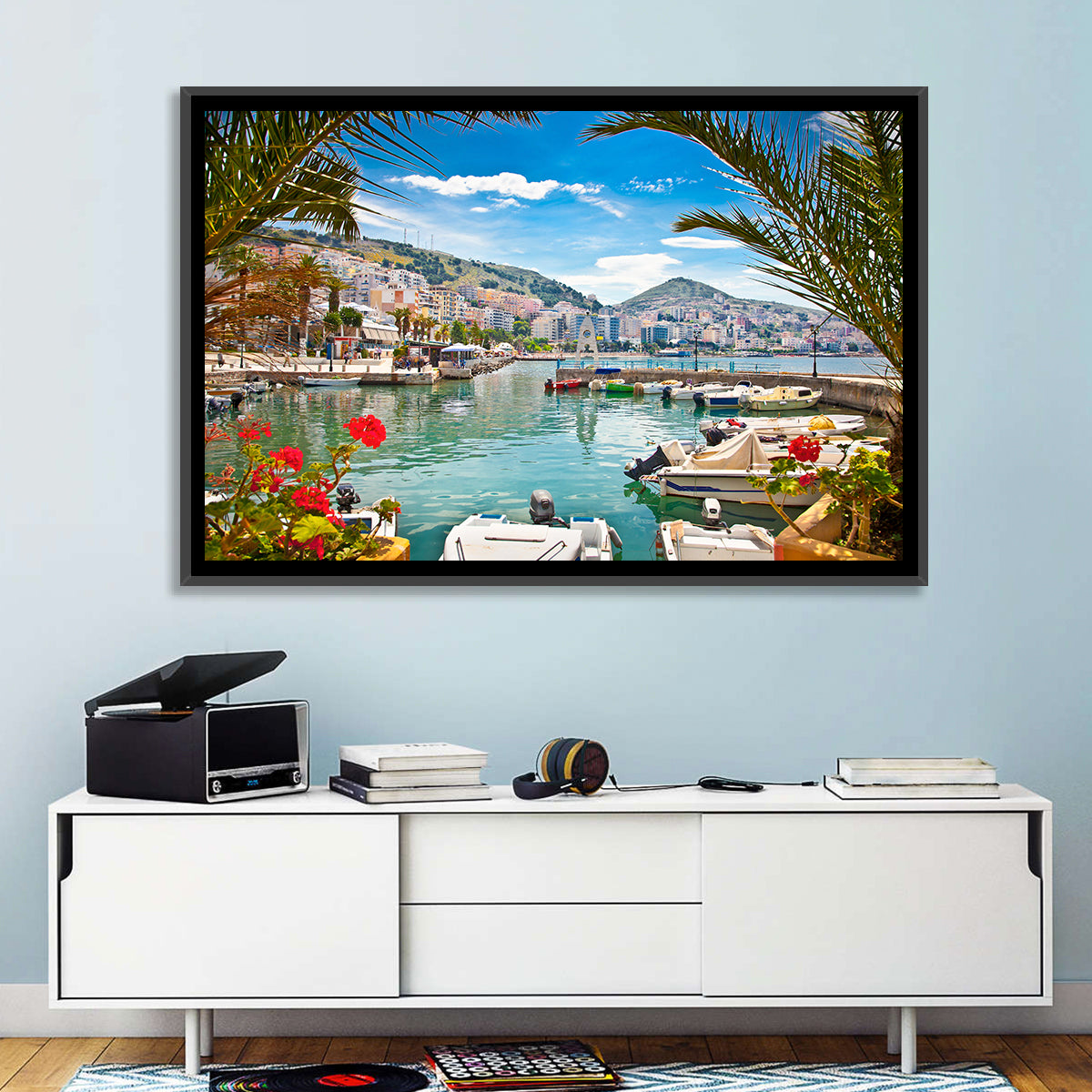 Saranda Harbor View Wall Art in a room, landscape