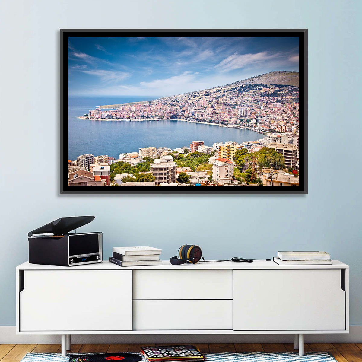 Saranda Bay Cityscape Wall Art in a room, landscape