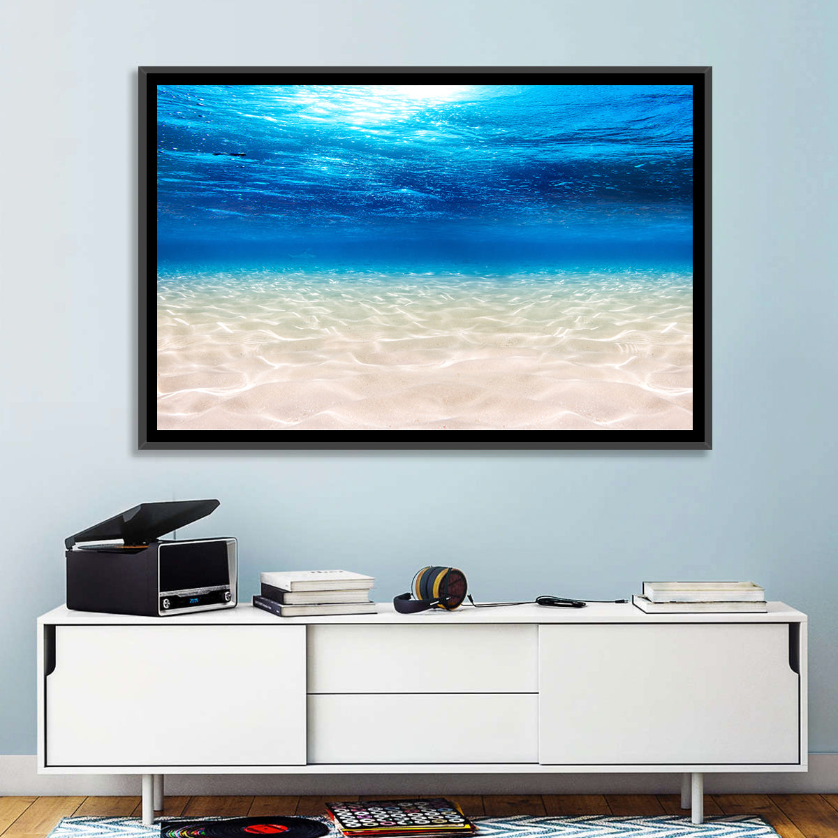 Sunlit Sandy Seabed Wall Art in a room, landscape