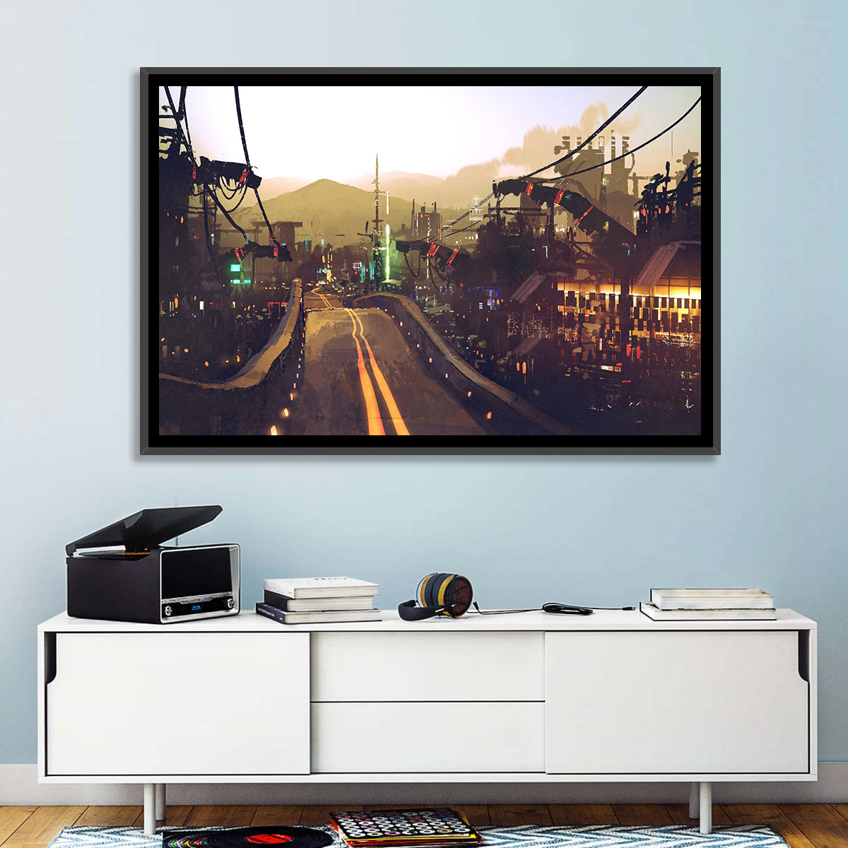Futuristic Highway at Dusk Wall Art in a room, landscape