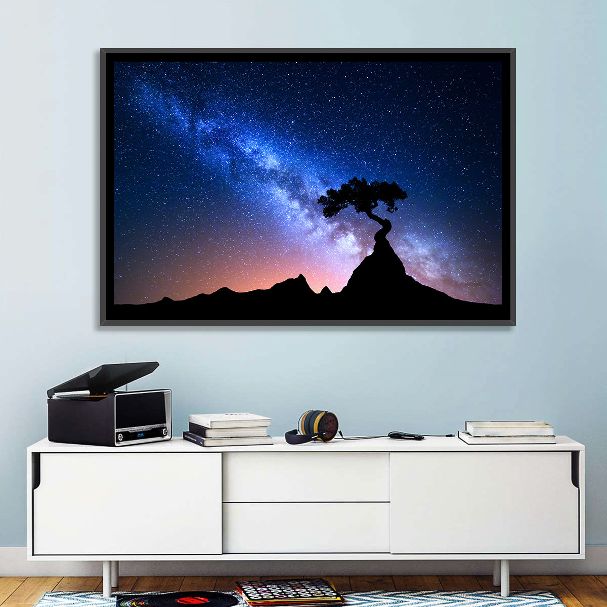 Milky Way Over Mountain Ridge Wall Art in a room, landscape