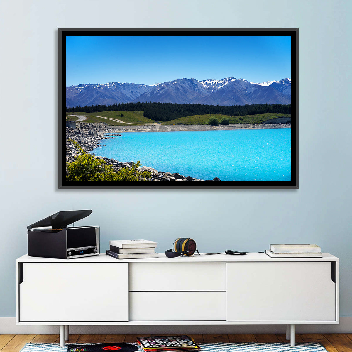 Lake Pukaki Turquoise View Wall Art in a room, landscape