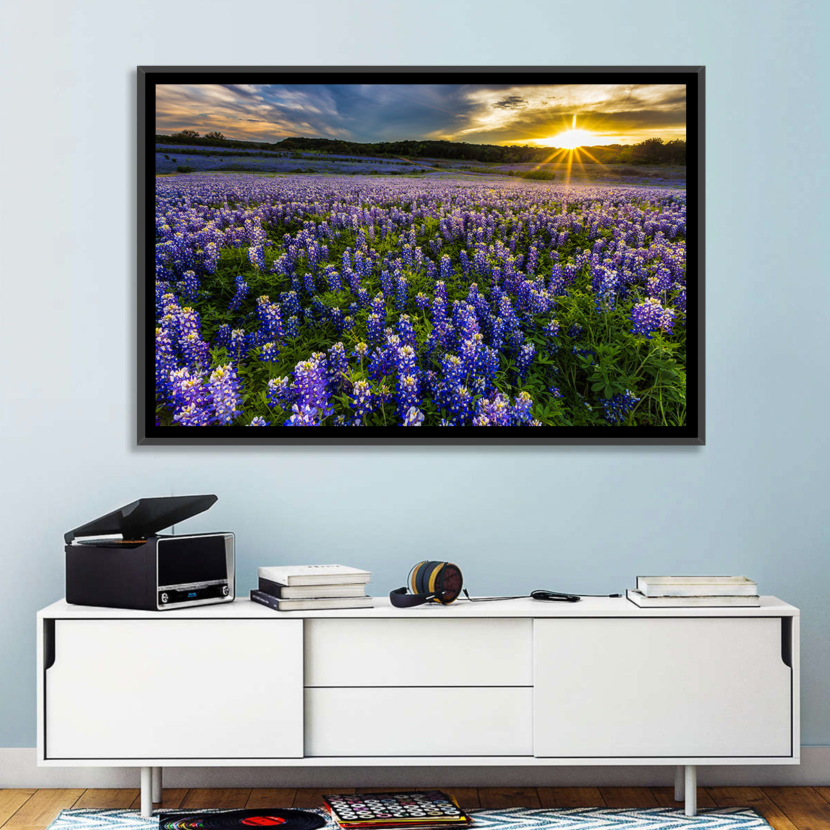 Texas Bluebonnet Field at Sunset Wall Art in a room, landscape