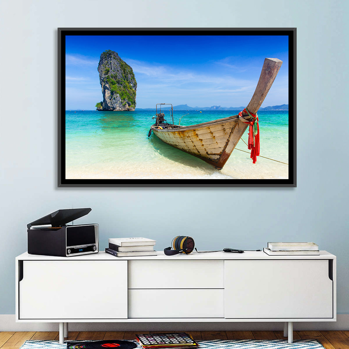 Krabi Longtail Boat Seascape Wall Art in a room, landscape