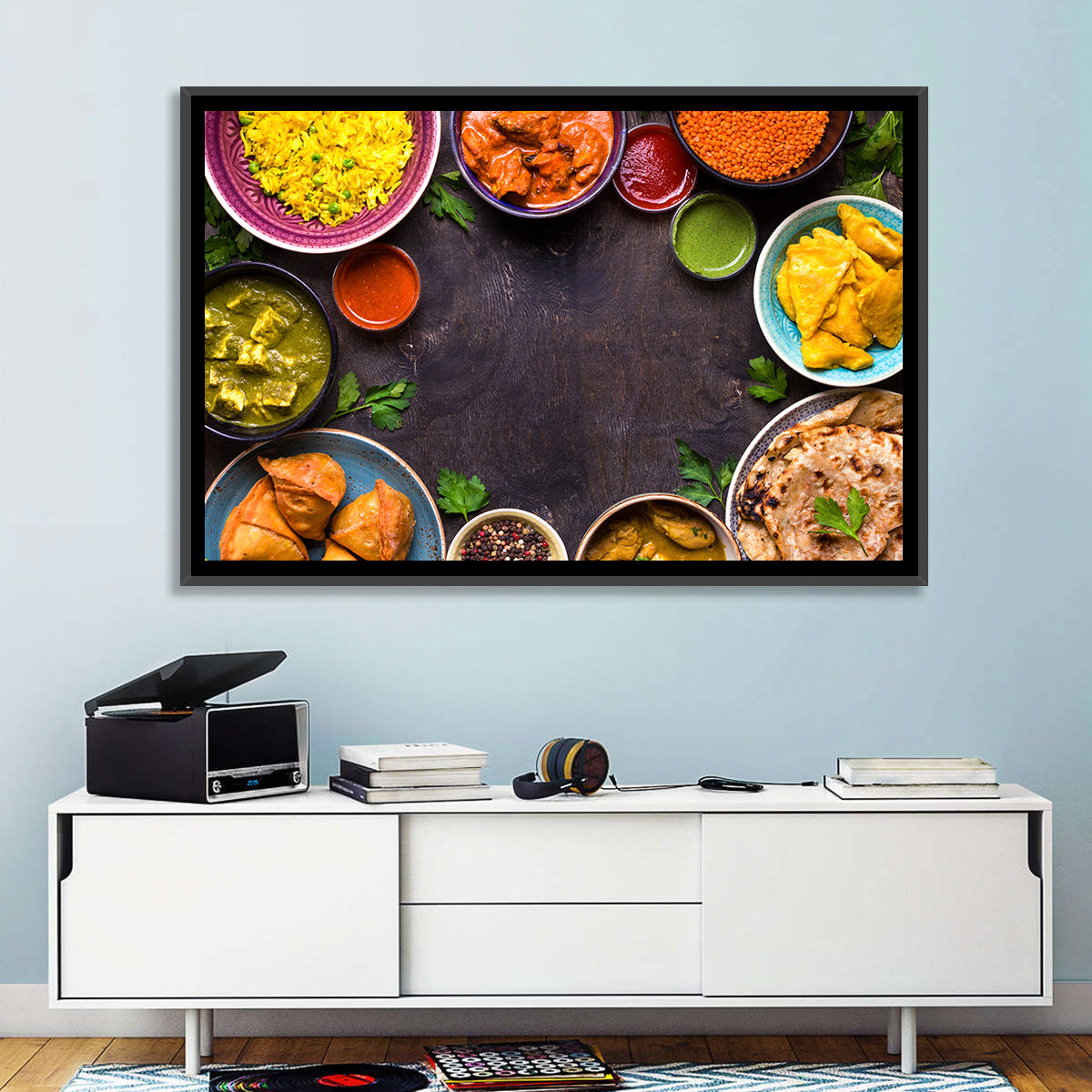Indian Feast Flat-lay Wall Art in a room, landscape