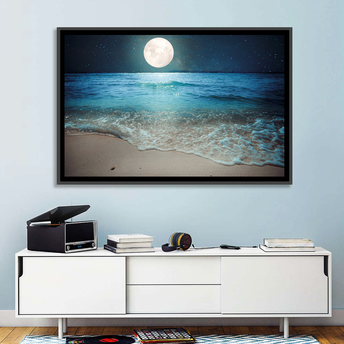 Full Moon Over Beach Wall Art in a room, landscape