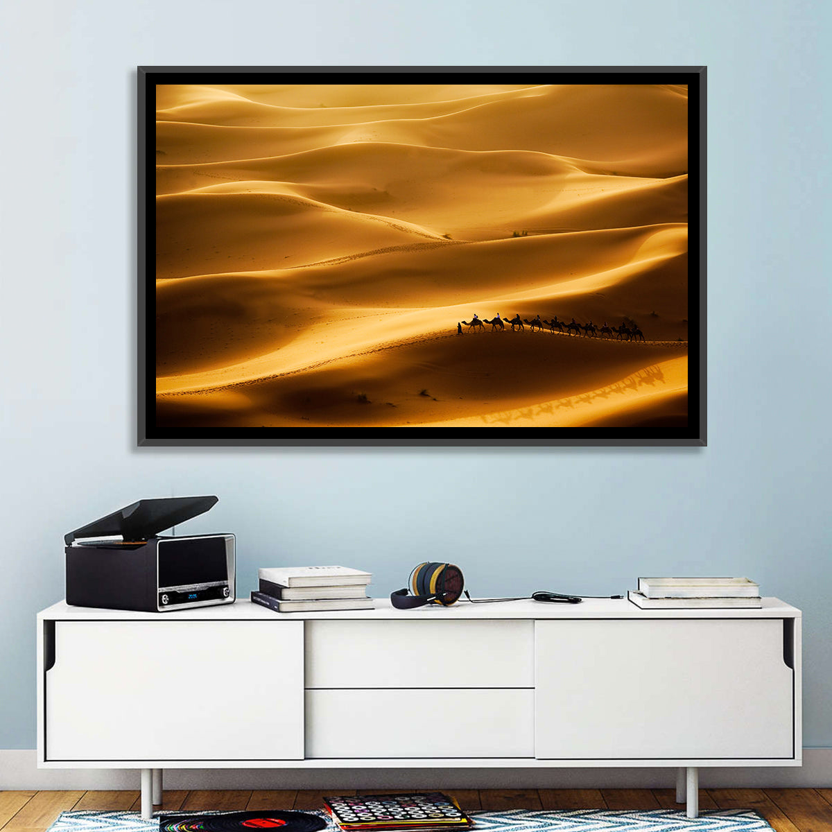 Golden Hour Camel Caravan Wall Art in a room, landscape