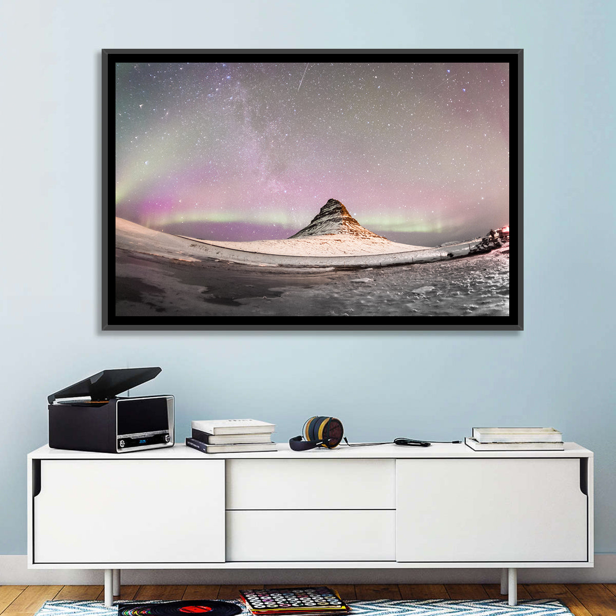 Aurora Over Kirkjufell Wall Art in a room, landscape