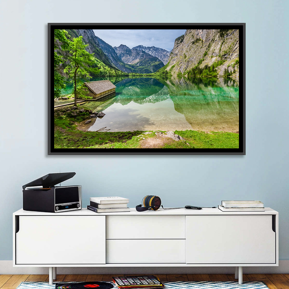 Obersee Boathouse Reflection Wall Art in a room, landscape