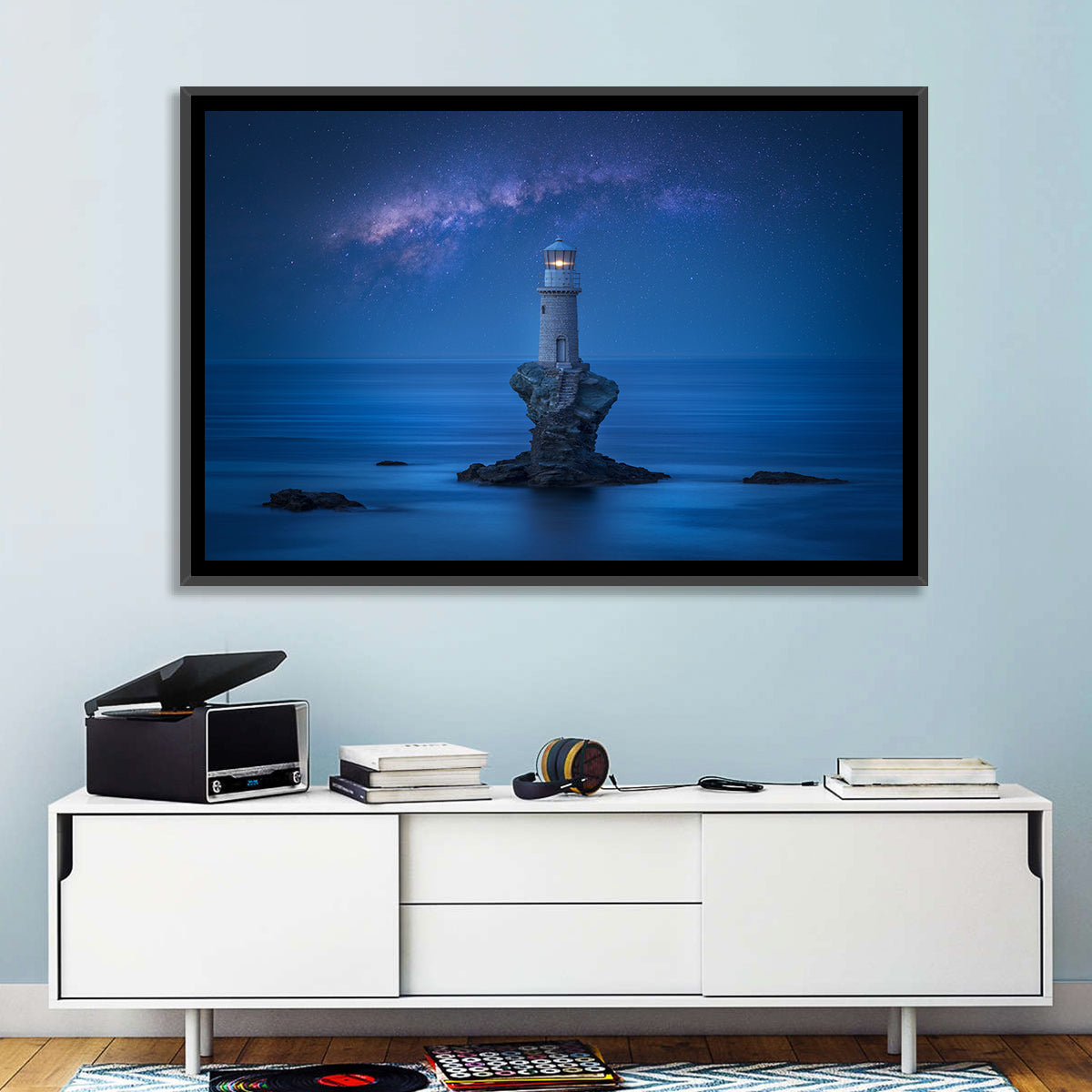 Tourlitis Lighthouse Nightscape Wall Art in a room, landscape