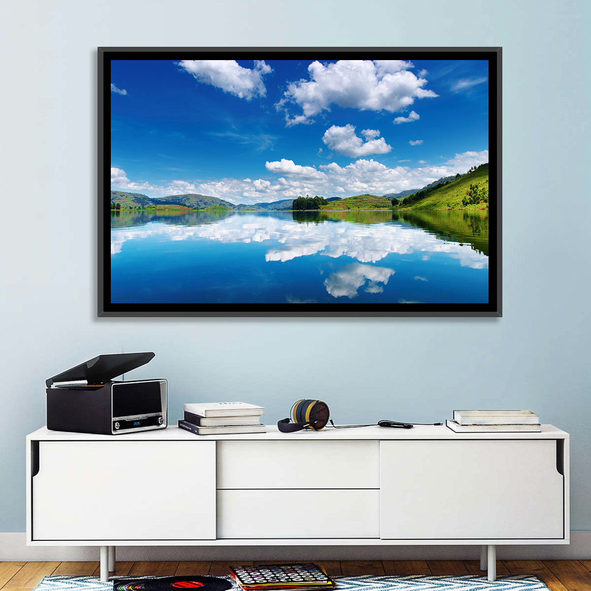 Bunyonyi Lake Reflection Wall Art in a room, landscape