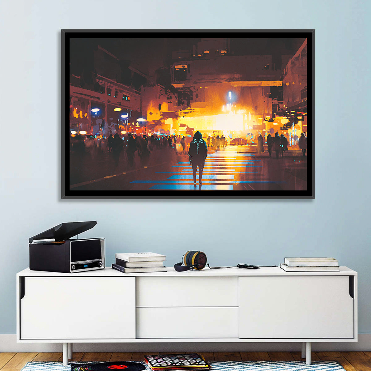 Futuristic Neon Cityscape Wall Art in a room, landscape