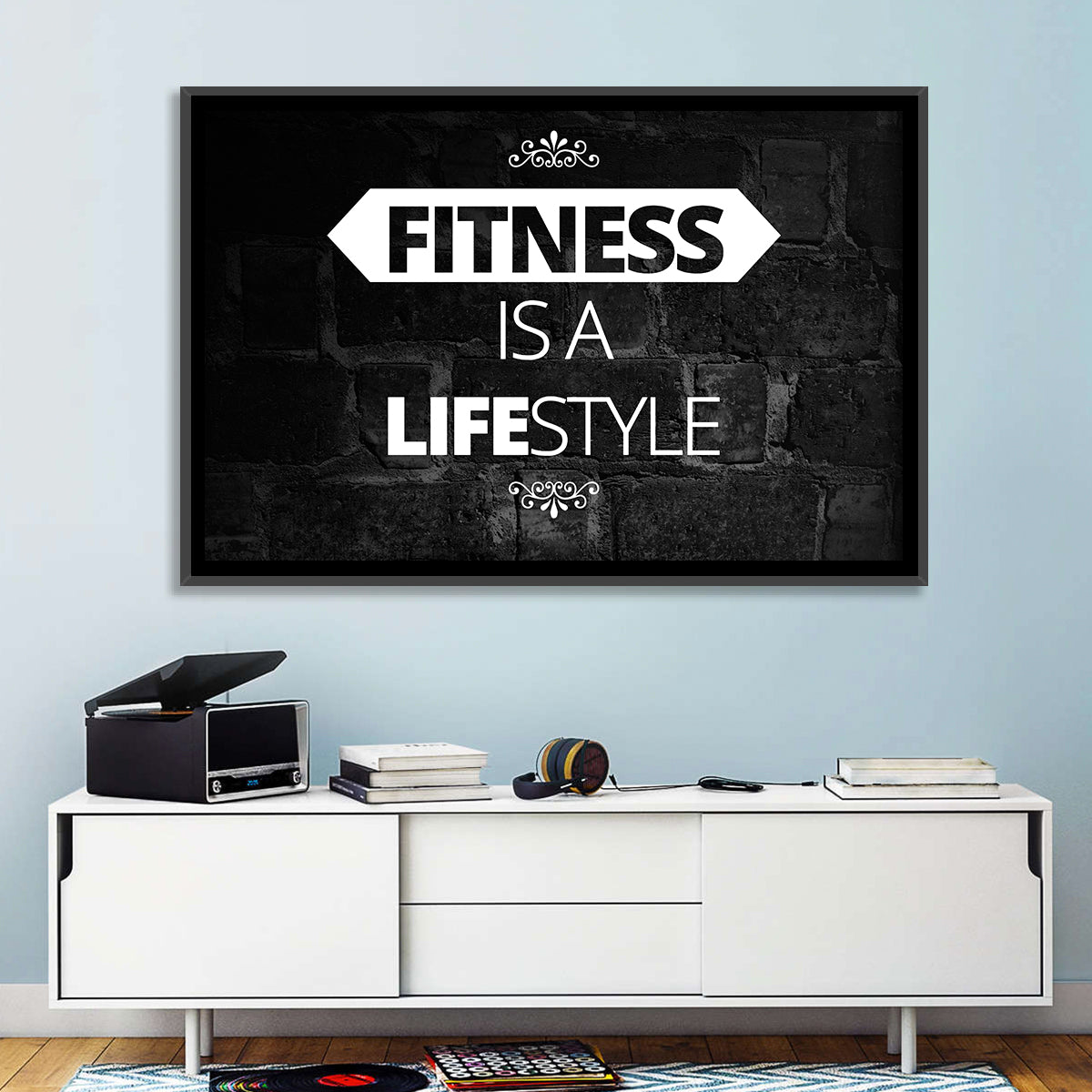 Fitness Is a Lifestyle Brick Quote Wall Art in a room, landscape