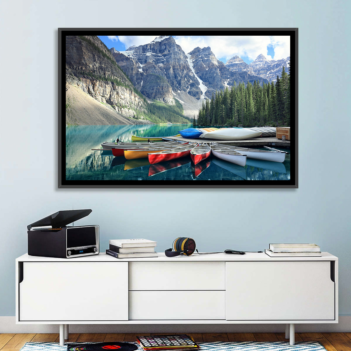 Moraine Lake Canoes at Lake Louise Wall Art in a room, landscape