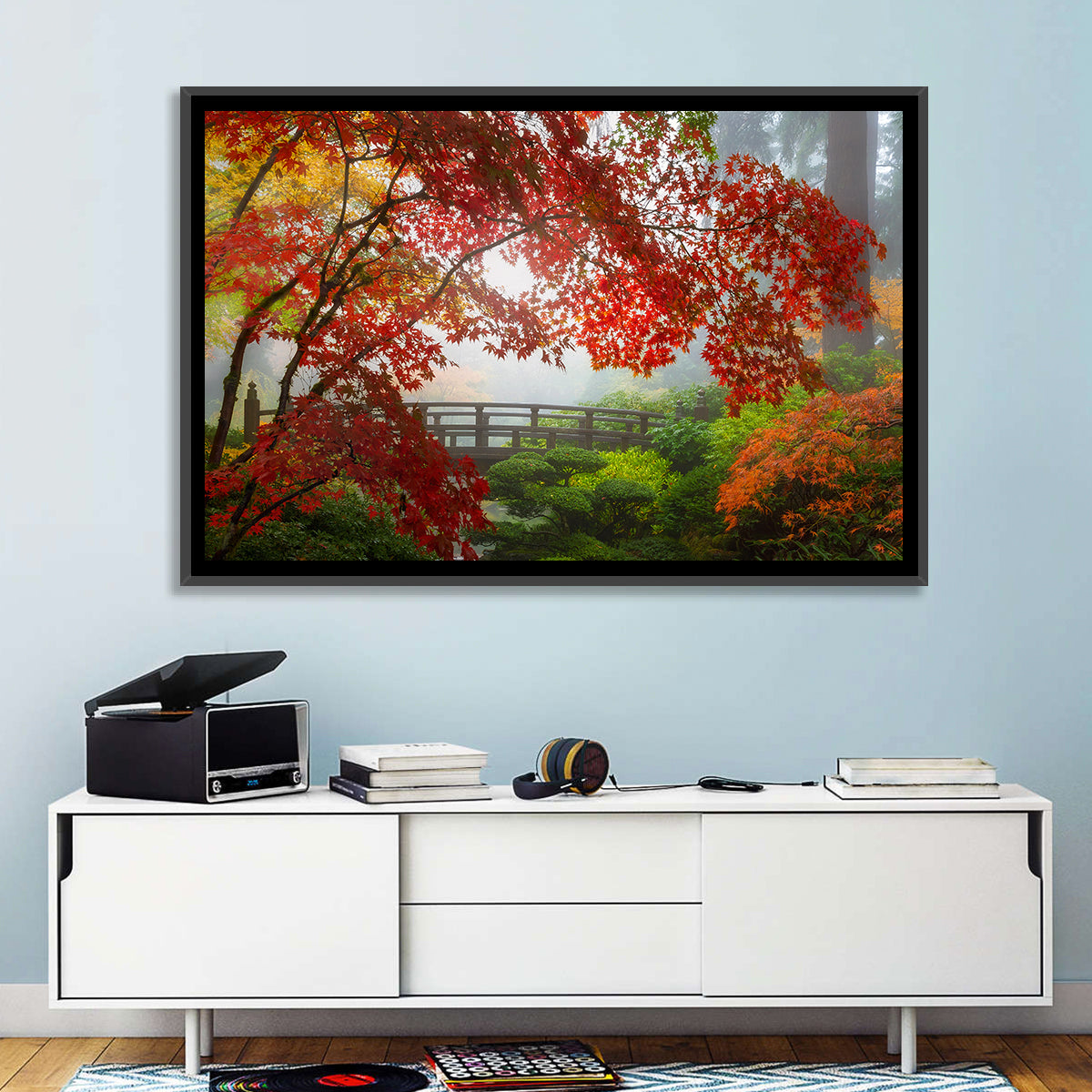 Portland Moon Bridge in Autumn Mist Wall Art in a room, landscape