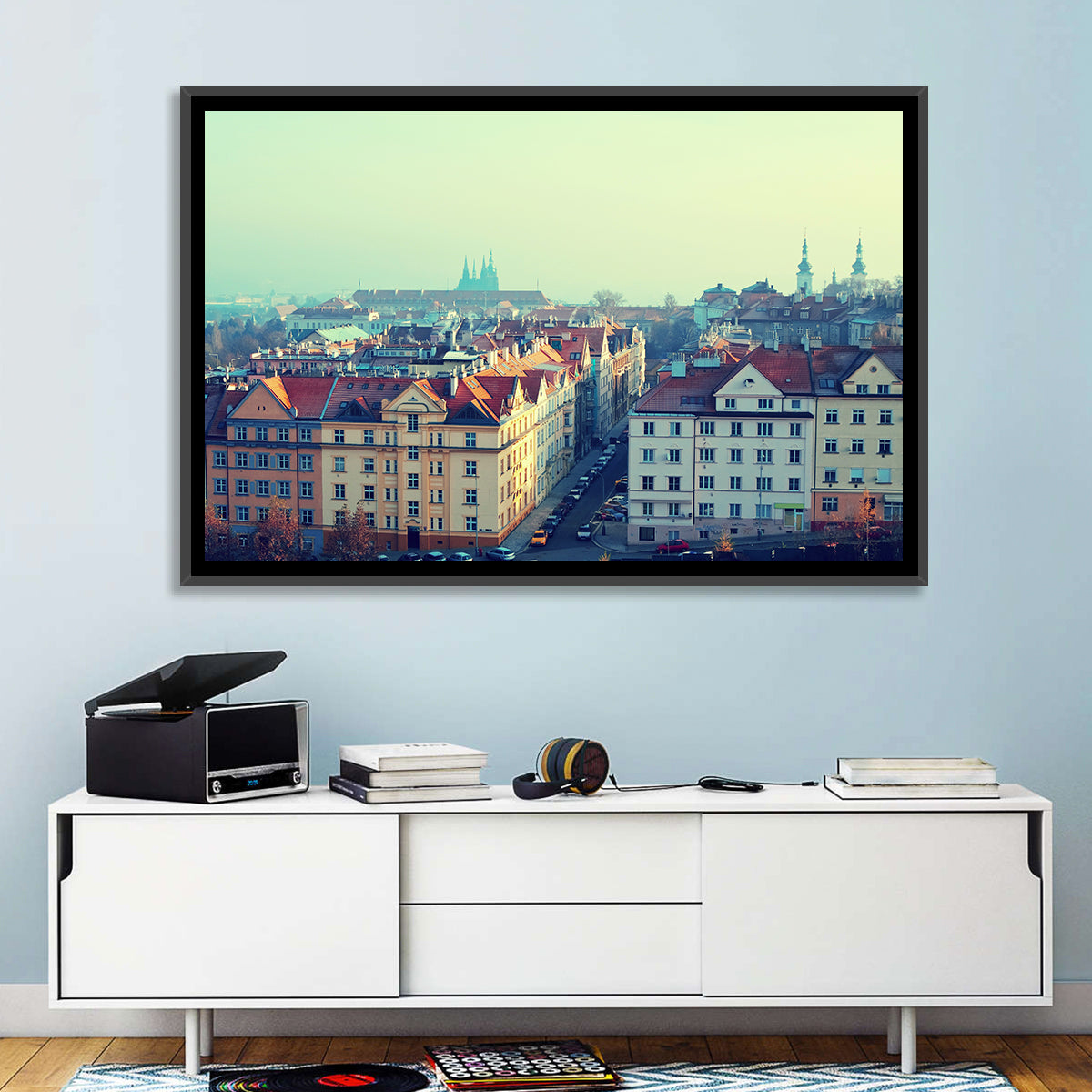Prague Rooftops with St. Vitus Cathedral Wall Art in a room, landscape