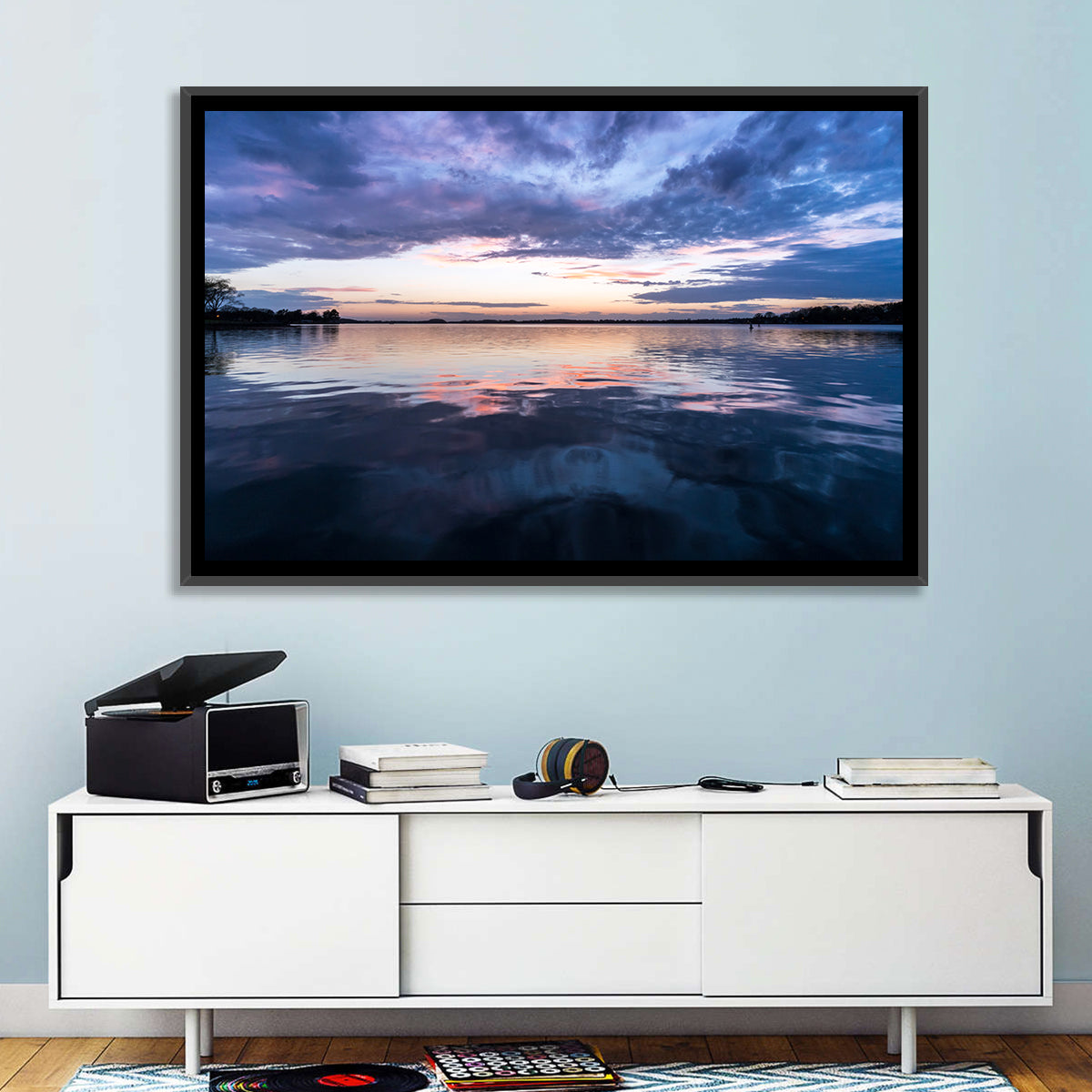 Lake Norman Sunset Reflection Wall Art in a room, landscape