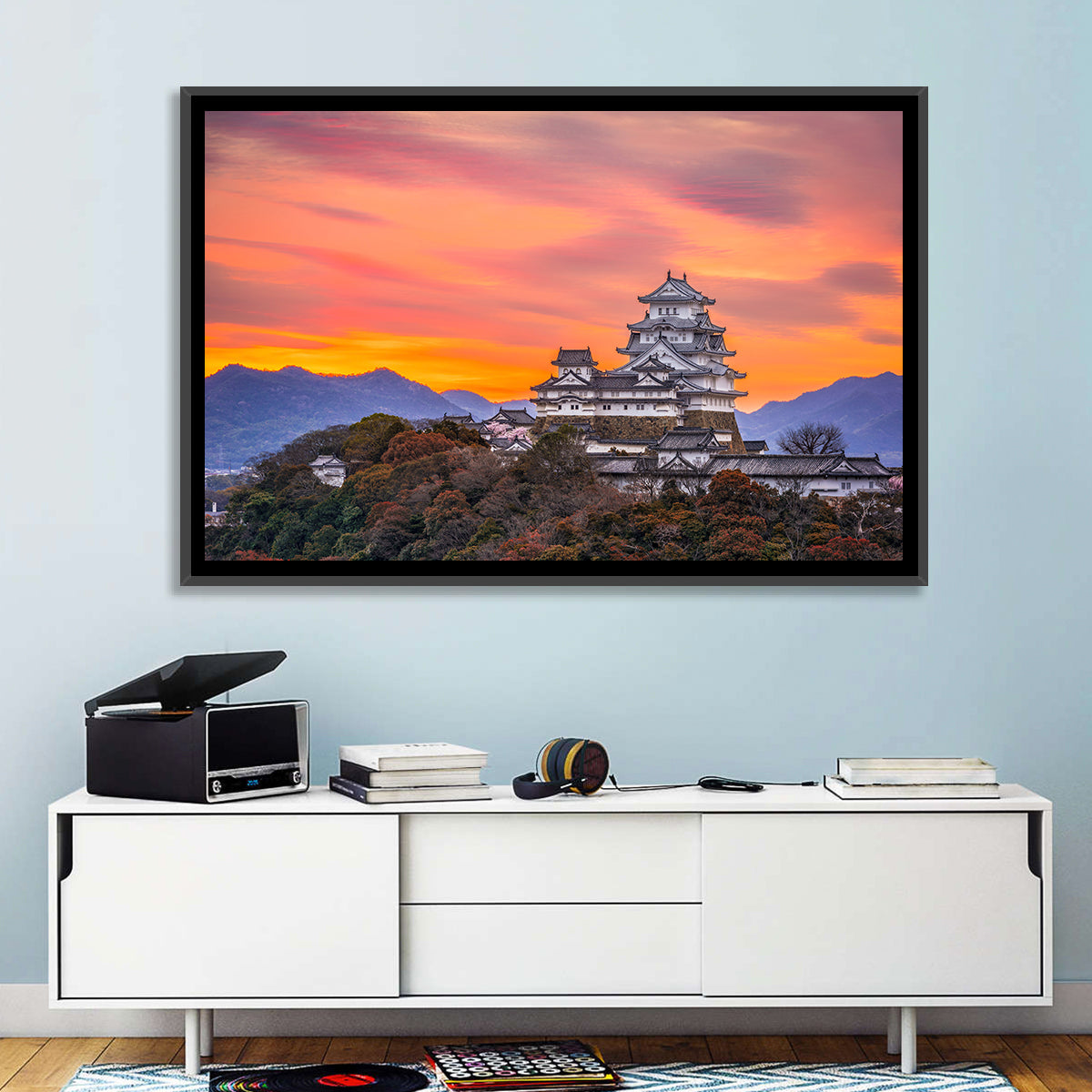 Himeji Castle at Sunrise Wall Art in a room, landscape