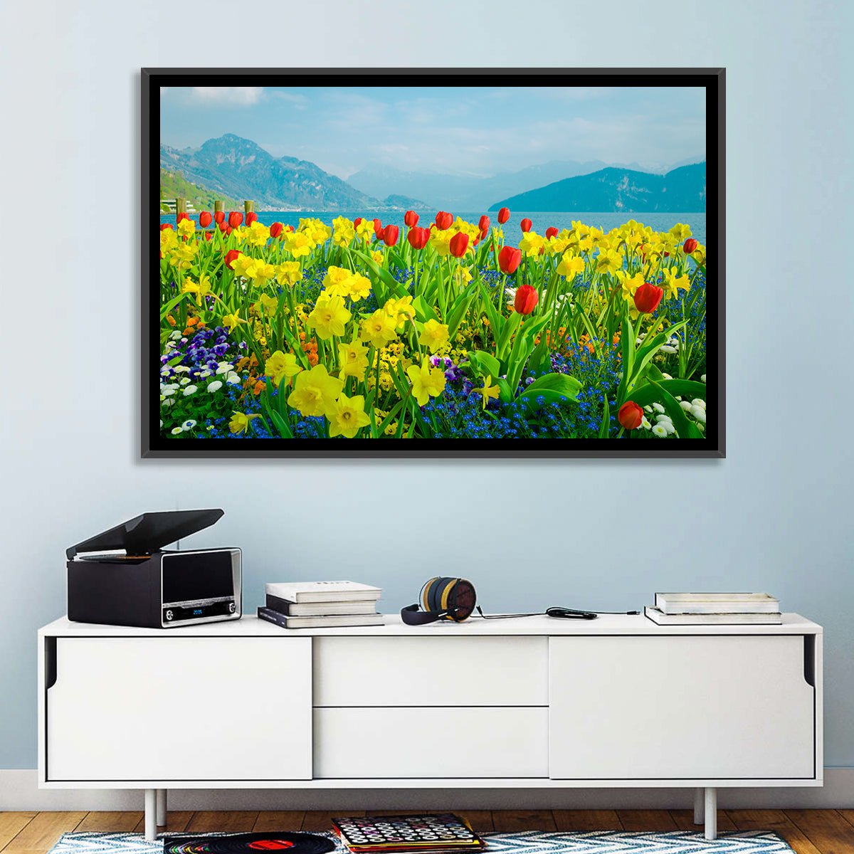 Lake Lucerne Daffodils Wall Art in a room, landscape