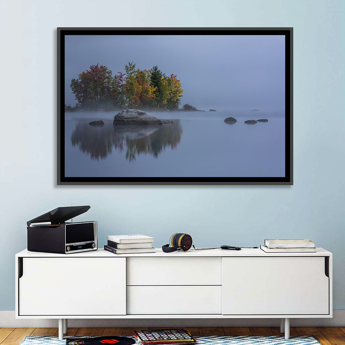 Morning Mist Over Chittenden Lake Wall Art in a room, landscape