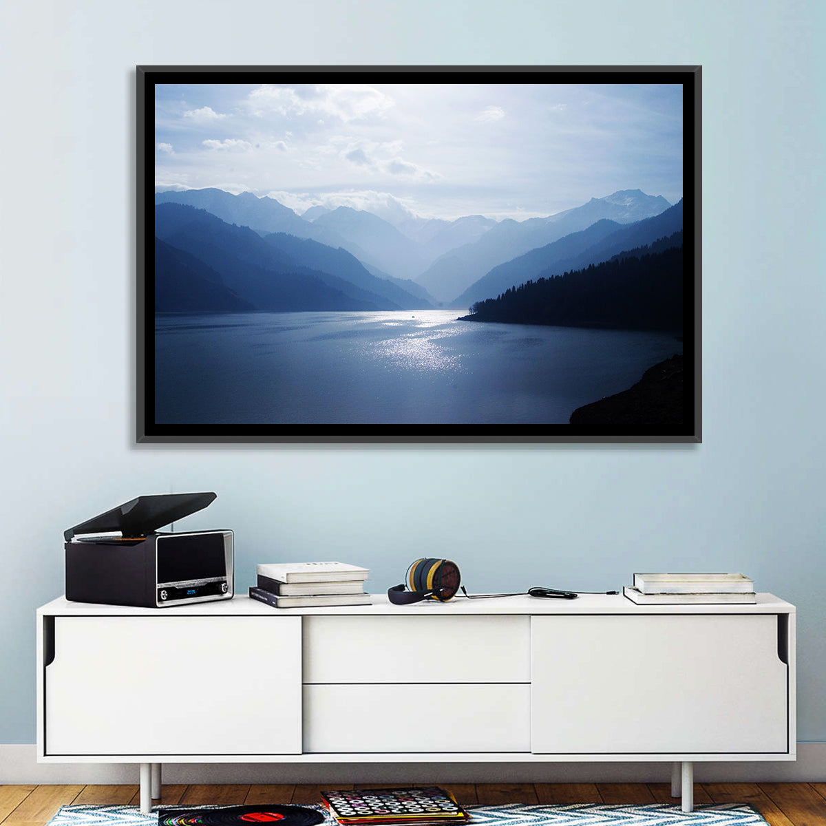 Xinjiang Lakeshore Serenity Wall Art in a room, landscape